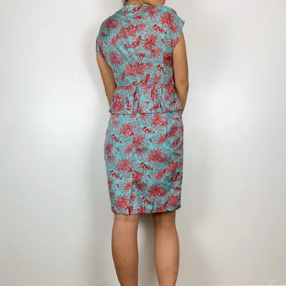 Nanette Lepore Teal & Red 100% Silk Peplum Waist Palm Print Dress Size 4 - Picture 5 of 13